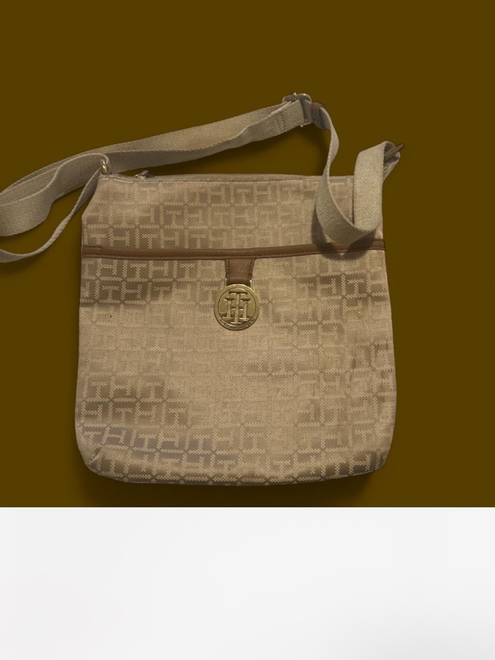 Tommy Hilfiger Tan Monogram Crossbody with Gold Logo
